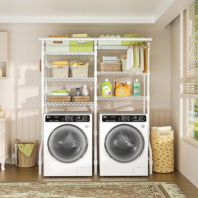 Ulif U13 Medium Over Washer and Dryer Storage Shelves, 6 Tiers Laundry Room Standing Shelf with 2 Hanger Rods, Space Saver Clothes Drying Rack, 57.8" W x 22" D x 77.4" H, White