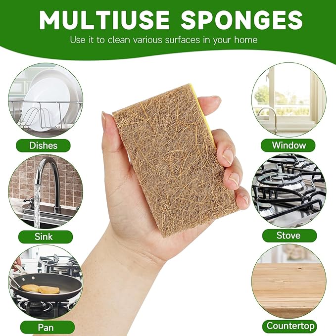 10 Pack Biodegradable Natural Sponges Kitchen - Compostable Cellulose and Coconut Walnut Scrubber Sponge - Eco Friendly Sponges for Dishes