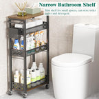 Slim Storage Cart 4 Tier Laundry Cart with Wheels, Narrow Metal Kitchen Rolling Carts Bathroom Organizers Storage Shelf with Wood Rack and Handle for Small Space