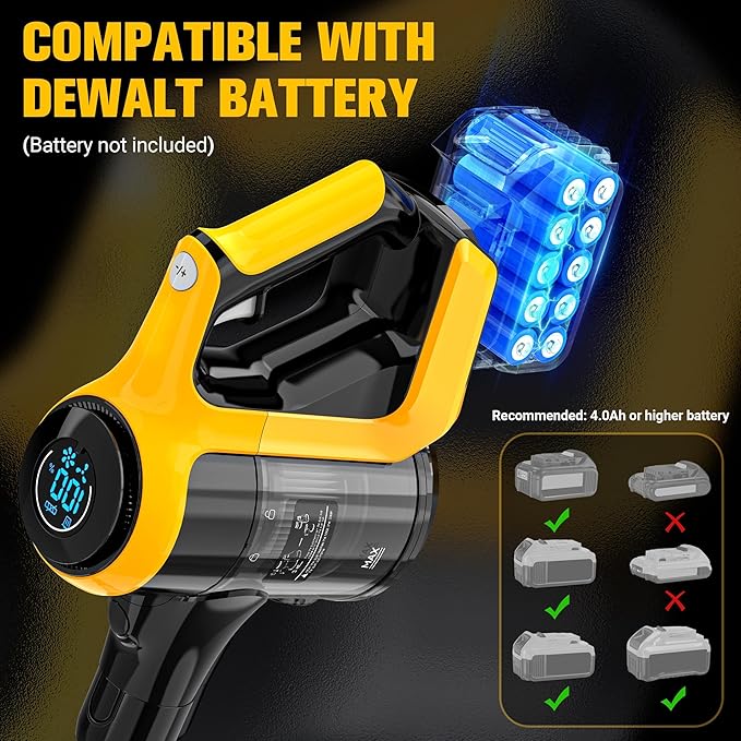 350W Cordless Vacuum Cleaner Compatible with DeWALT 20v Battery(No Battery), 30kPa 6 in 1 Lightweight Stick Vacuum with 2 Mode Suction, 180° Bendable Wand Stick Vacuum Cleaner for Carpet