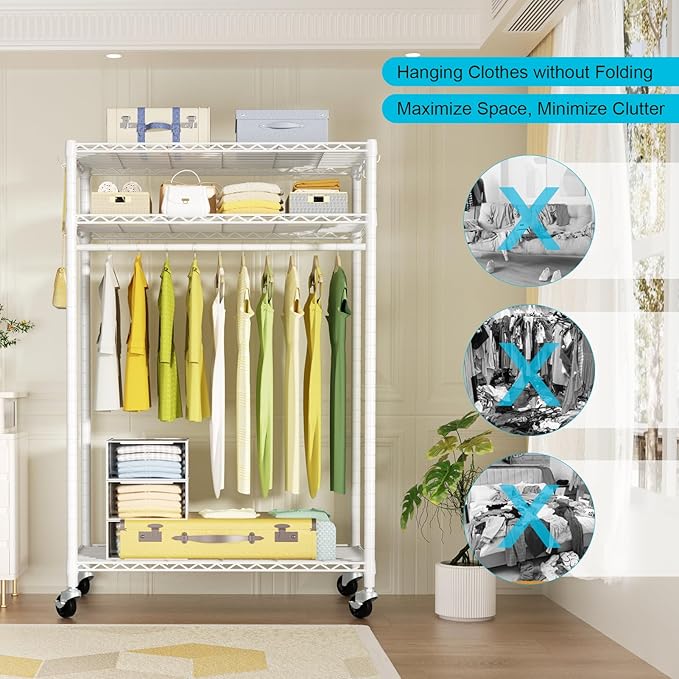 P3 Plus Rolling Clothes Rack, Clothing Racks for Hanging Clothes, Heavy Duty Garment Rack with Wheels, Freestanding Portable Closet Rack 45" W x 14" D x 78.5" H, Max Load 480 LBS, White