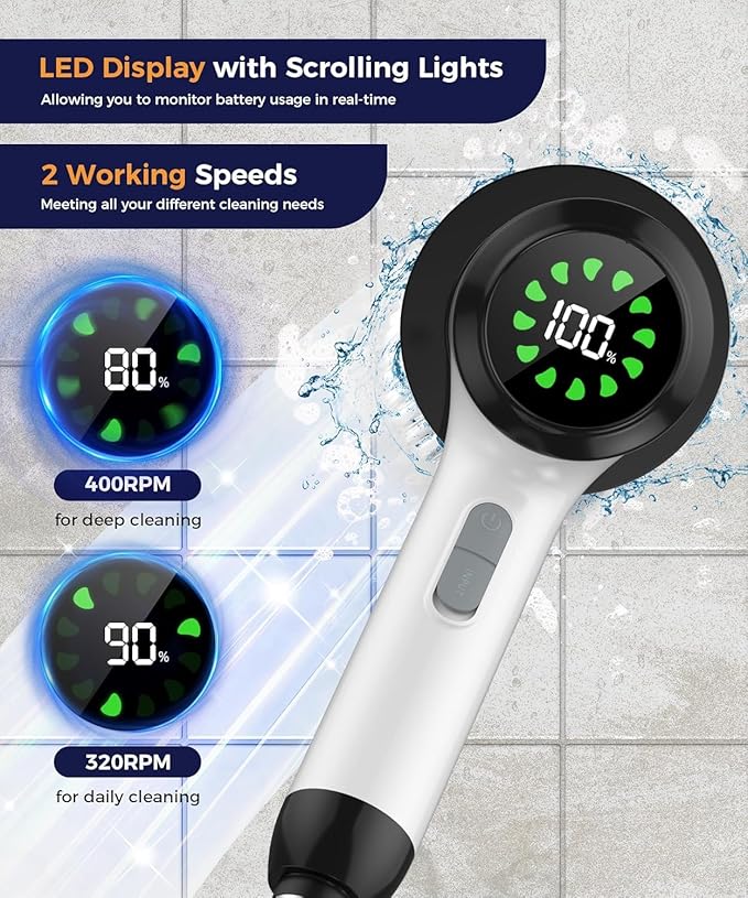 Electric Spin Scrubber, Cordless Cleaning Brush, Bathroom Shower Scrubber with 7 Replaceable Brush Heads, 2 Adjustable Speeds, Extension Handle, IPX7 Waterproof for Tub Tile Floor Car13.