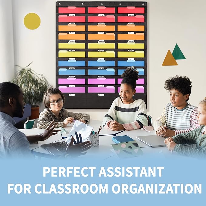 Annecy 30 Pockets Classroom Mailbox, Hanging Wall File Organizer, Black Storage Pocket Chart for Folder and Paper, Space Saver, Come with Wall Hangers, Over The Door Hooks, Labels
