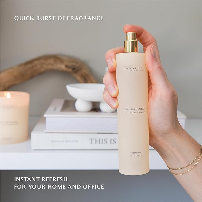 Benevolence LA Malibu Nights Room Spray | Champagne & Peony | 3.4oz | Versatile Home Fragrance, Pillow & Linen Spray | Low VOC, No Alcohol | Malibu Sands Collection