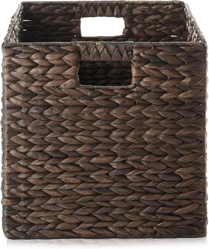 Casafield 12" x 12" Water Hyacinth Storage Baskets, Espresso - Set of 4 Collapsible Cube Organizers, Woven Bins for Bathroom, Bedroom, Laundry, Pantry, Shelves