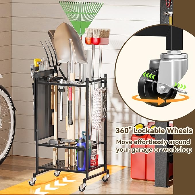 SUFAUY Rolling Garden Tool Organizer,Yard Tower Rack Heavy-Duty Garage Tool Stand with Wheels and Hooks, Black
