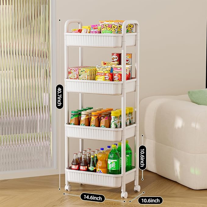 JOYZAN 4 Tier Rolling Carts with Wheels, Utility Cart with Handle and Locking Caster, Storage Cart for Kitchen, Office, Bedroom, Suitable for Diaper, Art Tools, Snack, Craft Storage Cabinet, White