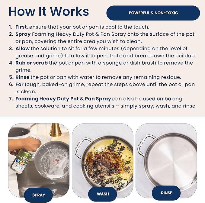 Heavy Duty Pot & Pan Spray - Powerful Foaming Grease Remover, Multi-Purpose Kitchen Cleaner Spray Degreaser for Oven, Stoves, Grill & More, Citrus Scent - Includes 1 Empty Bottle & 2 Refill