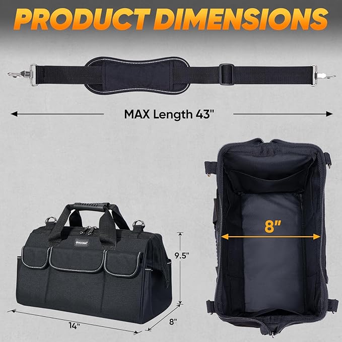 TICONN Heavy Duty Tool Bag with Multi-Pockets, Portable Tool Box Organizer Storage Bag, with Adjustable Shoulder Strap and Ergonomic Handle (Black, 14" Standard Base)
