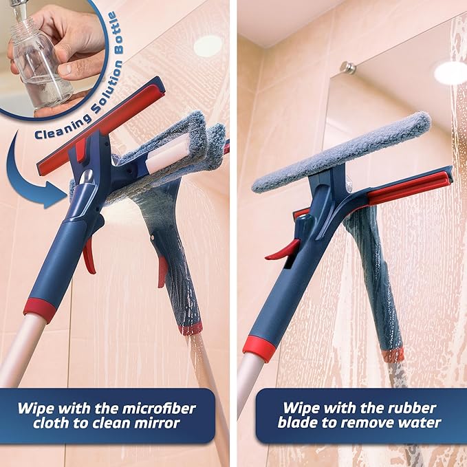 DSV Standard Window Squeegee with 2 Spray Triggers, Window Cleaning Kit with Extendable Pole 23’’- 76.7’’, Rubber Scraper and 3X Microfiber Clothes for 2 Story Houses, Shower, Glass, Mirror