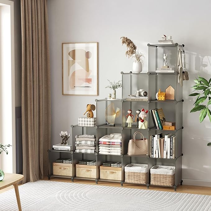 AWTATOS Cube Storage Organizer, 16 Cube Closet Organizer, Stackable Storage Cube Shelves, DIY Portable Closet Clothes Organizer Shelving for Bedroom, Closet, Wardrobe, Bathroom, Grey