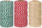 Christmas Cotton Twine Natural Jute 2mm Packing 984 Feet Bakers Kraft Butchers Baking Gardening Twine for Gift Wrapping Arts Crafts Party Decorations(Brown Green Red)