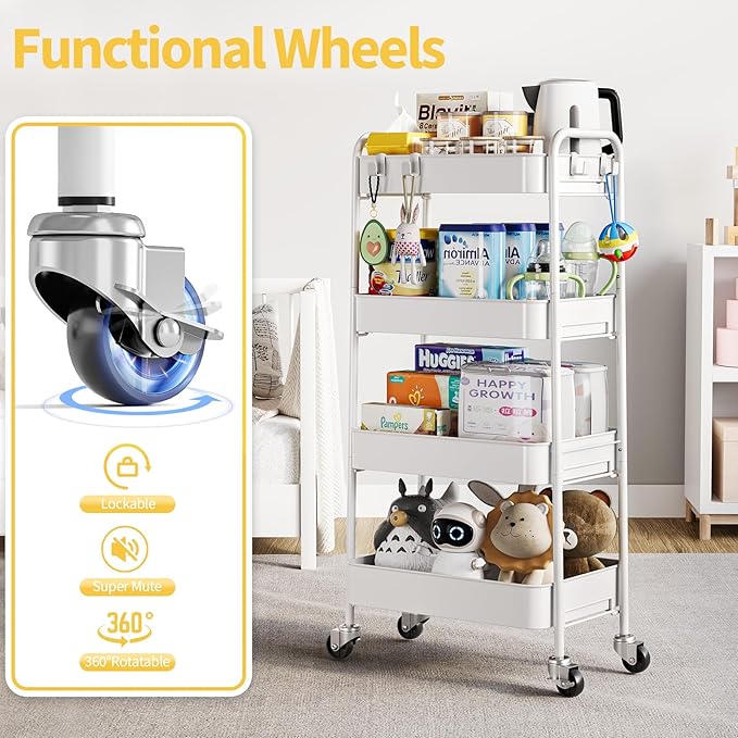 TOOLF 4-Tier Metal Rolling Cart with Wheels, Storage Utility Organizer Cart for Kitchen, Bathroom, Office, Baby Essentials & Makeup - Lockable Casters, Easy Assembly, Large Capacity, White