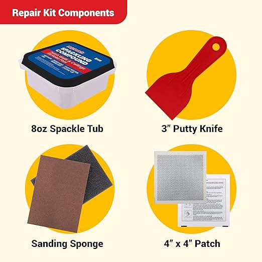 MaxPatch® Drywall Repair Kit, 4-Piece Set – Includes Self-Adhesive Aluminum Patch, 8 oz Spackle, 100% Recycled 3" Putty Knife, and Sanding Sponge – Multi-Purpose Wall Repair for Drywall, Plaster