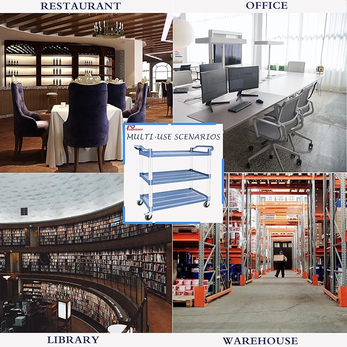 AQNIEGEP Utility Carts with Wheels, Large Food Kitchen Cart Heavy Duty, Rolling Service Cart w/Hammer for Restaurant, Office, Commercial, 600lbs Capacity, Lockable Wheels, 3-Tier