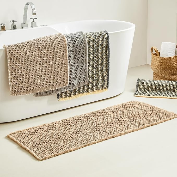 Bath Rugs Boho Bath Mat,Upgraded Waffle Bath mat,Super Absorbent Non Slip Bath Rugs,Machine Washable Rugs for Shower Room, Rubber Backing Bath Mats, Ultra Soft,Bluish Grey & Yellow,19"*48"