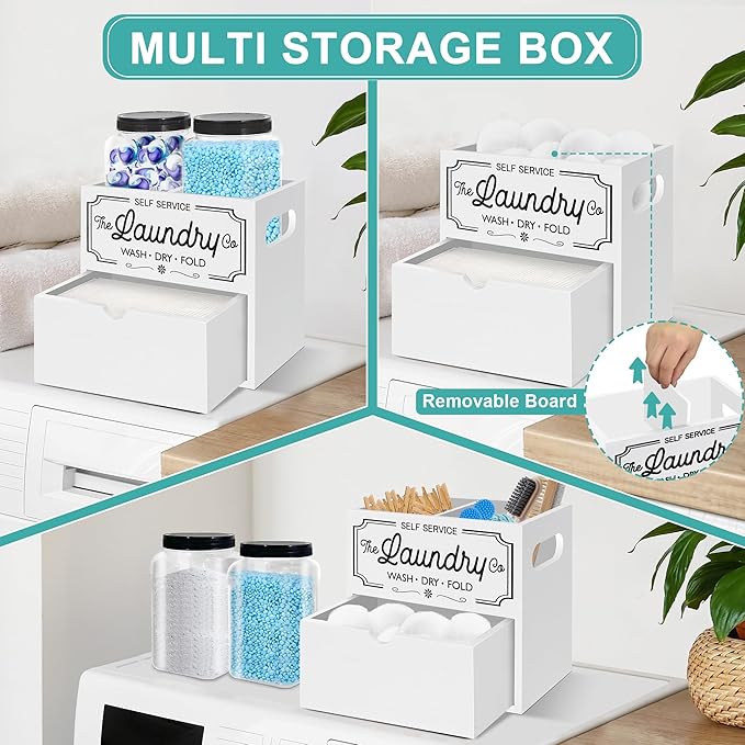 Dryer Sheet Container for Laundry Room Organization, Laundry Pods Container Include 2 Plastic Jars with Lids for Storage, Drying Ball and Laundry Detergent Dispenser, Laundry Room Decor
