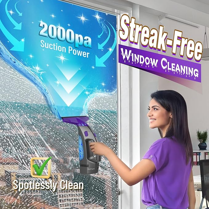 2000Pa and 2500mAh Electric Window Cleaner Tool with Gloves and 2 Cleaning Cloth, Window Vacuum Squeegee Cordless with 360ml Spray Bottle & 100ml Water Tank for Window, Mirror, Countertop, Tile