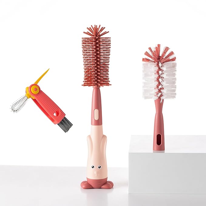 Cup Cleaning Brush, Silicone Baby Bottle Brush with Stand, Large Handle Water Bottle Brush Cleaner Set, with a Tiny Cup Lid Gap Cleaning Brush, Cup Lid Cleaner Brushes Kit, Pink