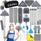 Microfiber Duster Kit 27pcs with 30 to 100 Inches Extension Pole and Wall Cleaner Mop, Washable and Bendable Feather Duster for Cleaning Ceiling Fans, High Ceilings, Cobwebs, Blinds, Grey