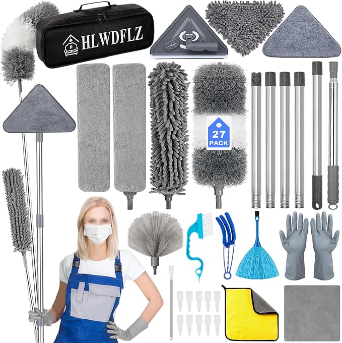Microfiber Duster Kit 27pcs with 30 to 100 Inches Extension Pole and Wall Cleaner Mop, Washable and Bendable Feather Duster for Cleaning Ceiling Fans, High Ceilings, Cobwebs, Blinds, Grey