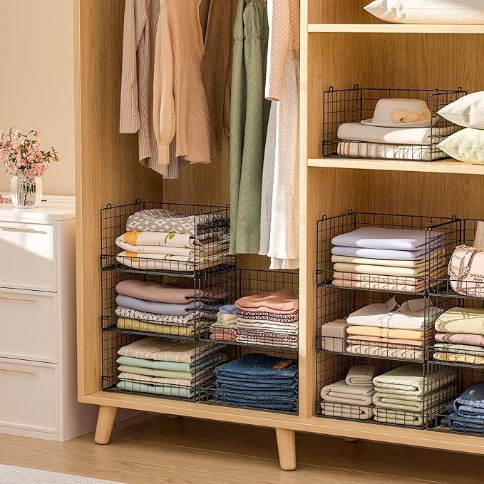 5-Tier Stackable Closet Organizers and Storage Shelves, Closet Shelf Organizer Basket Bins, Foldable Sweater Storage for Closet Organizer System, Black（Patent Pending）