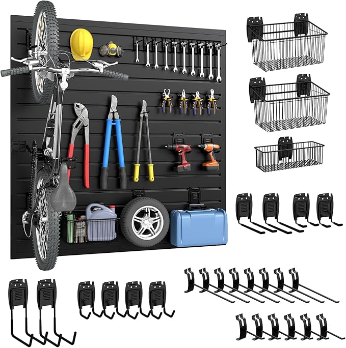 DoCred Slatwall Paneling Organizer, 4x4 FT PVC Garage Slat Wall Storage Systems, Heavy Duty Mounted Slat Peg Board for Tool Organization Ladder Bike Includes 27 PCS Hooks Accessories Kit (Black)