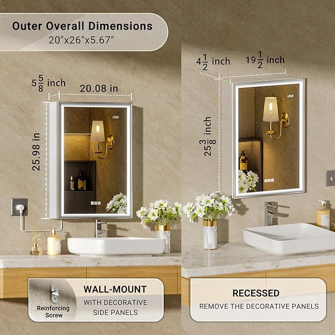 Lighted Medicine Cabinet with Mirror, 20x26 Beveled Brushed Nickel Framed Surface or Recessed Fogless Dimmable LED Medicine Cabinet with Outlet, Time Display & Sensor Inner Light(Right Hinge)
