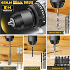 119 Pcs Cordless Drill Tool Kit Set; 20V Brushless Power Drill with 2.0Ah Battery, 10mm 3/8" Keyless Chuck, 60N.M & 21+1 Torque Setting Power Tool Set for DIY Garden House Office Repai