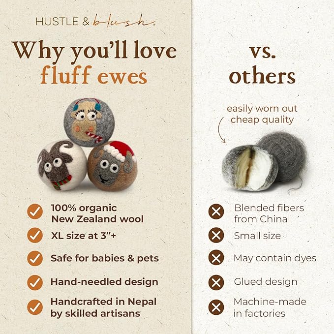 Hustle & Blush Fluff Ewes Wool Dryer Balls 3 Pack - XL Sheep in Heavenly Peace Premium New Zealand Laundry Set, Reduces Drying Time, Static Control, Chemical Free, Ideal Holiday Gifts for Women & Men