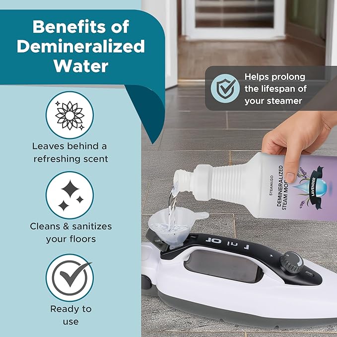 Steam & Go Demineralized Water for Steam Cleaner - PVC-Free Floor Cleaning Solution Compatible for All Steam Mops - Multi-Surface Cleaner for Home Surfaces - Lavender Scent, 32 oz (Pack of 6)