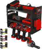 Power Tool Organizer Wall Mount - 3-Tier Heavy-Duty Metal Hand Tool Storage Rack, Utility Racks, Drill Holder, PegBoard Side, & More - Garage Storage Cordless Tool Organizer (Black)