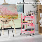 3 Tier Pink Rolling Cart with Lockable Wheels, Metal Utility Carts Organizer on Wheels for Kitchen, Nursery, Snack, Bedside Cart for Baby Essentials, Easy Assemble Mobile Storage Roller Trolley