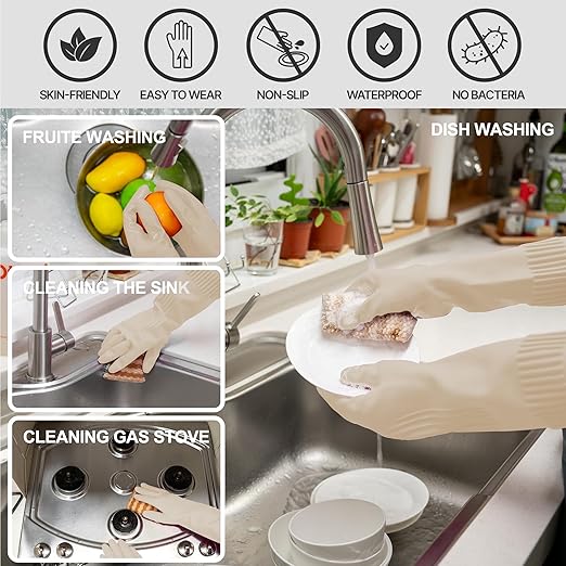 Reusable Waterproof Household Dishwashing Cleaning Rubber Gloves, Non-Slip Kitchen Glove (Ivory, XL (Pack of 3))