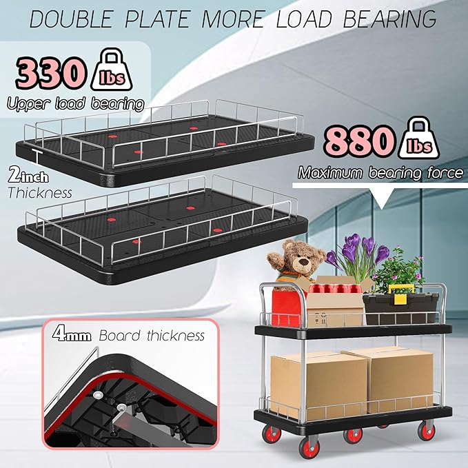 Utility Service Cart 2 Shelf - 880lbs Capacity Heavy-Duty Plastic Rolling Utility Carts with 5 of 360° Swivel Wheels and Handle, Large Service Cart for Groceries, Warehouse,Garage 43.5''x25.6''