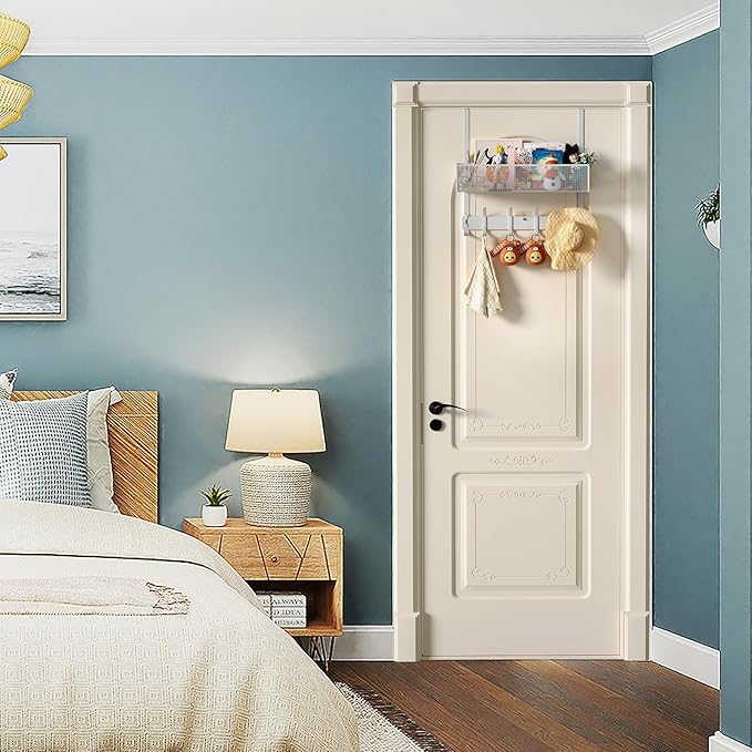 LUCYCAZ Over The Door Hooks Organizer, Door Hanger Storage with Coat Hooks Wreath Hanger & Mesh Basket, Over The Door Towel Rack Door Organizer for Bathroom,Bedroom,Kitchen (White), OVTD01