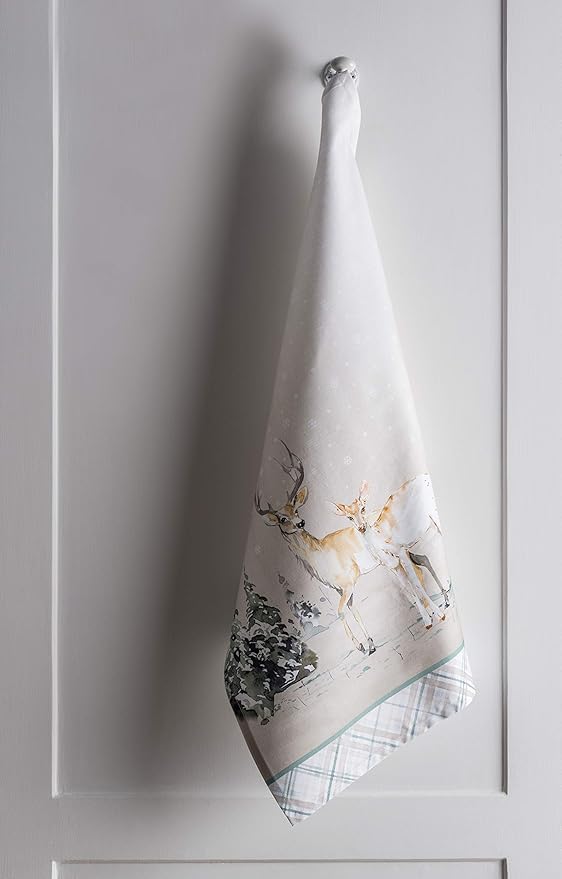 Maison d' Hermine Kitchen Towels Set of 3 100% Cotton 27.50" x 20" Reusable Cloth Tea Dish Towels Absorbent with Hanging Loop for Kitchen, Home, Dining, Cocktail Parties (Deer in The Woods)