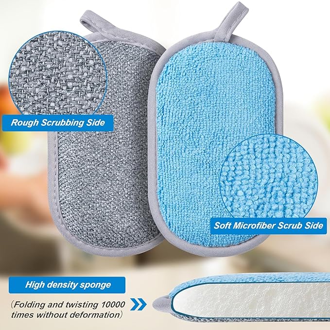 Dual-Sided Multi-Purpose Scrub Sponges, Non-Scratch Dishwashing Sponges for Kitchen, Reusable Microfiber Sponge for Efficiently Cleaning Dishes, High Density Sponge Inside (6 Pack, Large) Gray