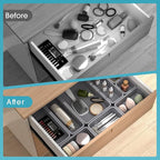 33 PCS Drawer Organizer Set, 4 Size Makeup Drawer Divider Organizer With Non-Slip Pads, Interlocking Plastic Storage Bins for Office,Jewelry Vanity,Gadgets, Bathroom,Kitchen, Grey