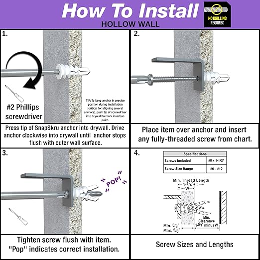TOGGLER SnapSkru SP Self-Drilling Drywall Anchor for Hollow Walls, Made in The USA, Pack of 20-5/8-in L x 3/8-in Dia Standard Drywall Anchor (Screws Included)