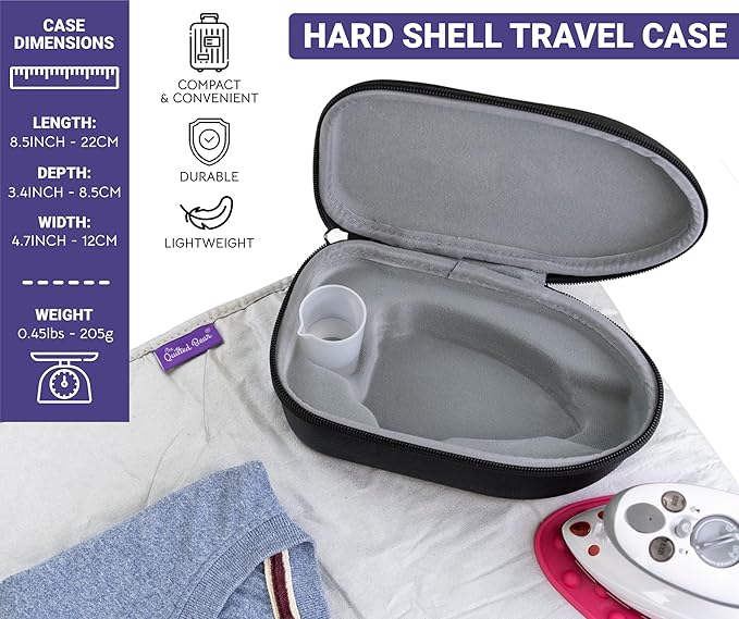 The Quilted Bear Mini Steam Iron - Lightweight Mini Travel Iron for Effortless Quilting & Wrinkle-Free Clothes with Hard Shell Case - Travel Steamer Craft Press for Clothes & Crafts (Black)