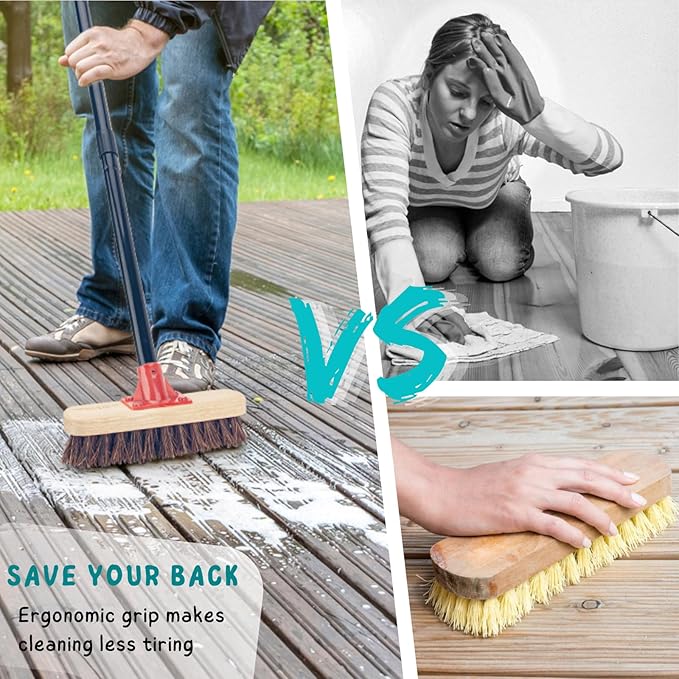 Deck Brush with Long Handle, 52'' Palmyra Bristle Scrub Broom for Boat, Patio, Garage, Concrete, Shower, Bathroom Cleaning, Outdoor Floor Scrubber