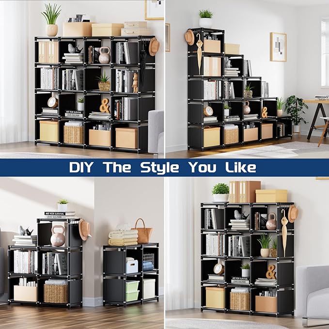 Mavivegue Bookshelf,16 Cube Storage Organizer,Book Shelf Organizer,Tall Bookcase,Black Cube Shelf Cubbies Closet Storage Shelves for Bedroom,Living Room,Home,Office, 16-Grid