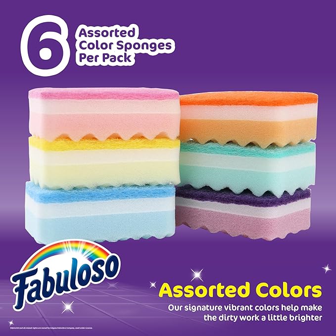 Fabuloso Scratch-Free Kitchen Dish Sponges, Rainbow Cellulose Scrubber Sponge with Scouring Pad for Dishes, Pots, Pans, Counters and Sinks, Tough on Messes, 4.25 x 2.75 x 1.25 in, 6 Count