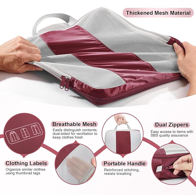 8 Set Compression Packing Cubes for Travel Essentials,Compressible Expandable Packing Cubes for Suitcase,OlarHike Luggage Organizer Bags for Travel,Handy Helper for Organizing Clothes(Wine Red)