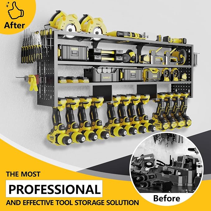 49" W Large Power Tool Organizer Wall Mount, 4 Layer Heavy Duty Metal Tool Storage Rack with 12 Drills Holder, Utility Racks for Garage Workshop, Ideal Garage Organization Gifts for Men