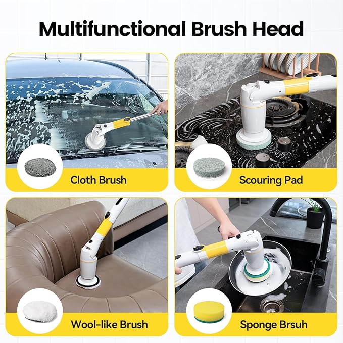 Electric Spin Scrubber, Cordless Cleaning Brush Shower Scrubber Up to 550 RPM with 9 Replaceable Brush Heads, Bathroom Scrubber Adjustable Extension Handle for Bathroom Kitchen Car (Yellow)