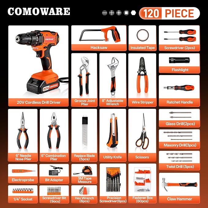 COMOWARE Household Tool Set with 20V Cordless Drill Driver, 120Pcs Hand Tool Kit for Men, Power Drill Set with Plastic Toolbox, Ideal for Office, Garden, DIY Project