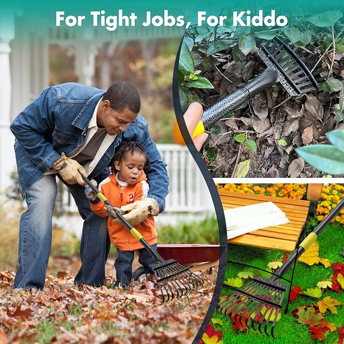 Rake, 73 Inch Long, 11 Tines Small Metal Garden Rake for Leaves, Heavy Duty 9 Inch Wide Rakes for Lawns, Yard Leaf Rakes for Gardening , Flower Beds, Shrub, Kids