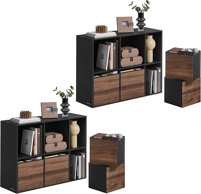 SONGMICS Home Bookshelf, Superfast Toolless Assembly, Cube Storage Organizer with 6 Compartments, Set of 2 Bookcase, 4 Fabric Drawers, Natural Walnut and Ebony Black UZH2507020